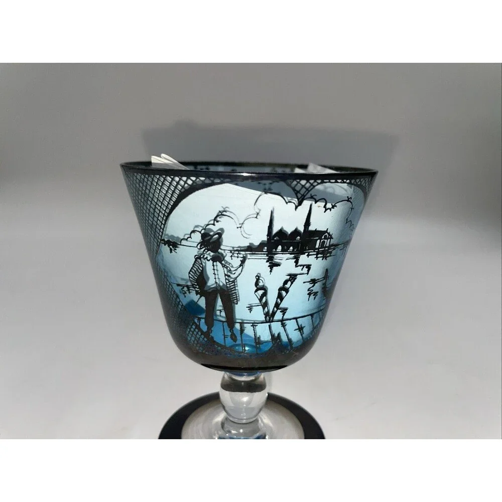 Cobalt Blue 6 wine cocktail stems inlaid sterling man in Asian scene flowers 4”